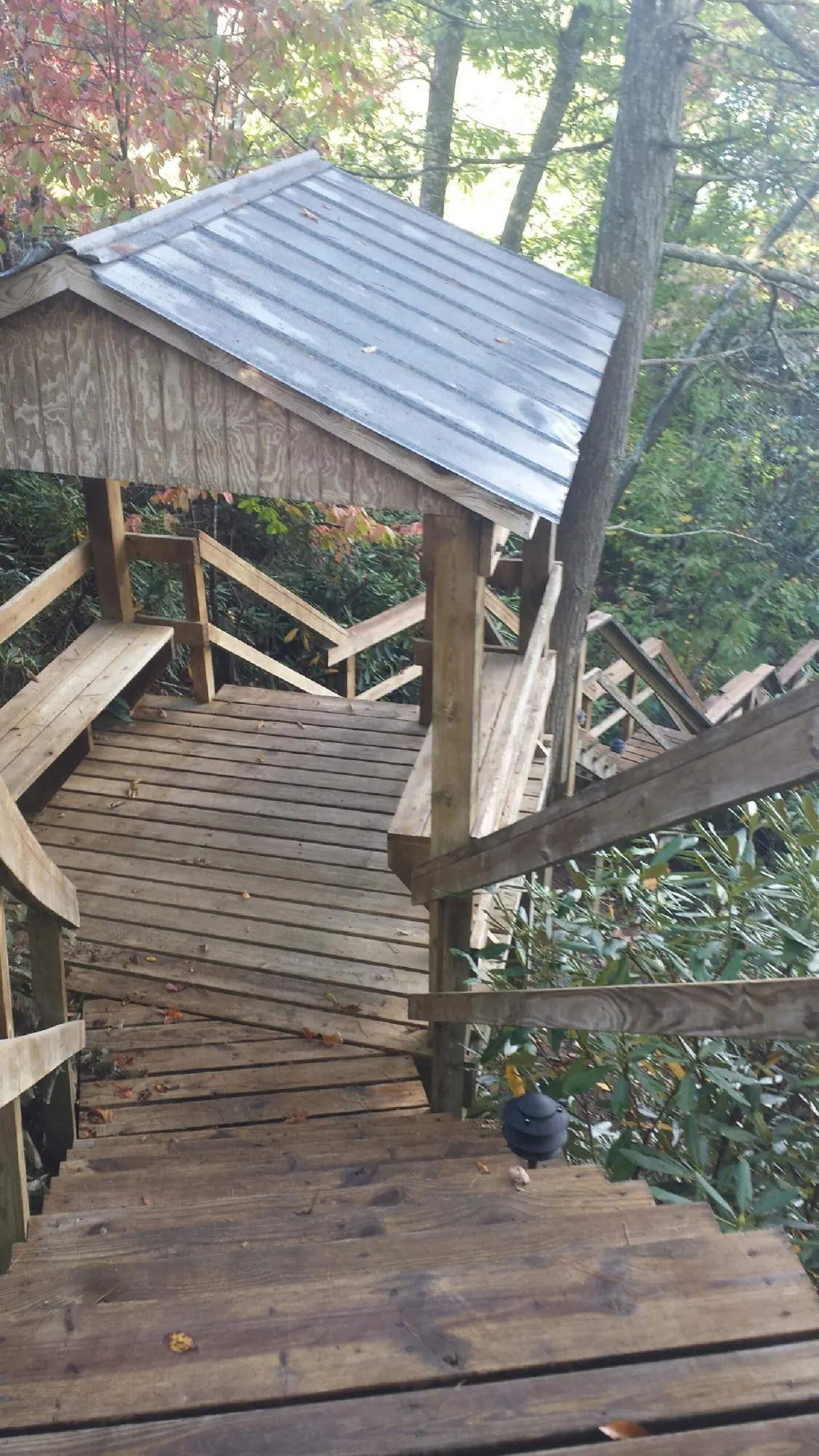 Metal roofed shelter over wooden steps on a wooded walkway — Skylight Repair & Installation work by our crew in Pearl River